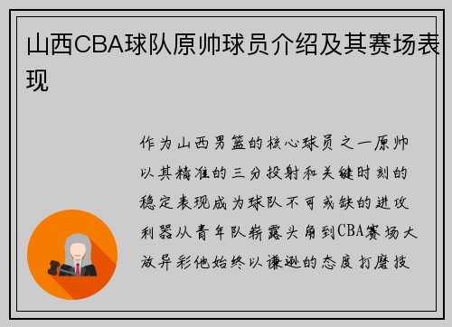 山西CBA球队原帅球员介绍及其赛场表现