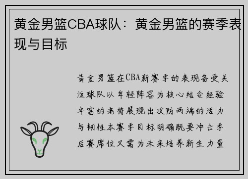 黄金男篮CBA球队：黄金男篮的赛季表现与目标